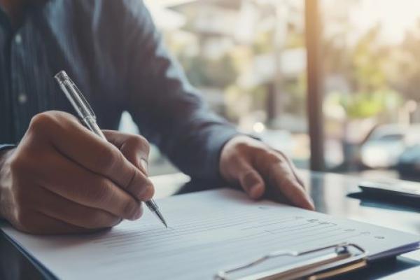 Une personne écrivant sur une feuille