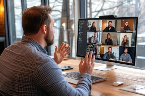 Un homme participe à une réunion virtuelle via une visioconférence sur un grand écran, interagissant avec ses collègues à distance.
