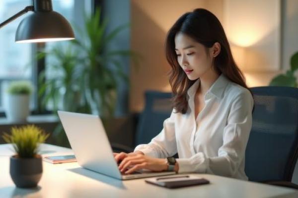 Femme professionnelle travaillant sur un ordinateur portable dans un bureau moderne, ambiance sereine et éclairage du soir.