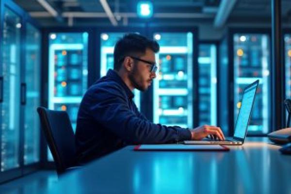 Ingénieur travaillant en deep work sur un portable dans une salle de serveurs.