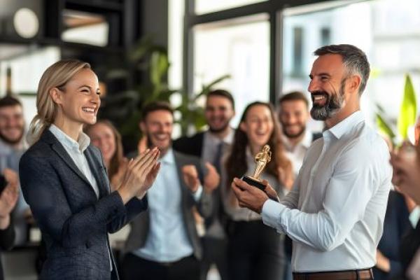 Salarié boomerang souriant tenant un trophée après avoir été récompensé pour sa réussite en entreprise