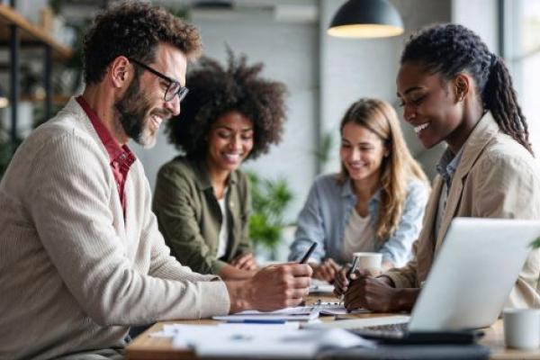 Manager partageant ouvertement un défi technique face à son équipe diversifiée, illustrant le concept de boucle de vulnérabilité pour renforcer la confiance et la coopération en période de crise