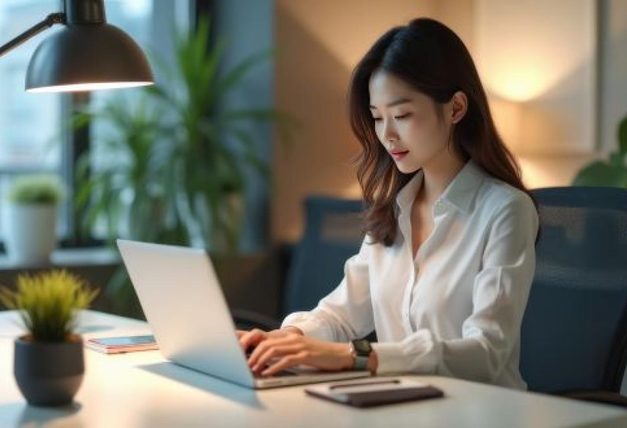 Femme professionnelle travaillant sur un ordinateur portable dans un bureau moderne, ambiance sereine et éclairage du soir.