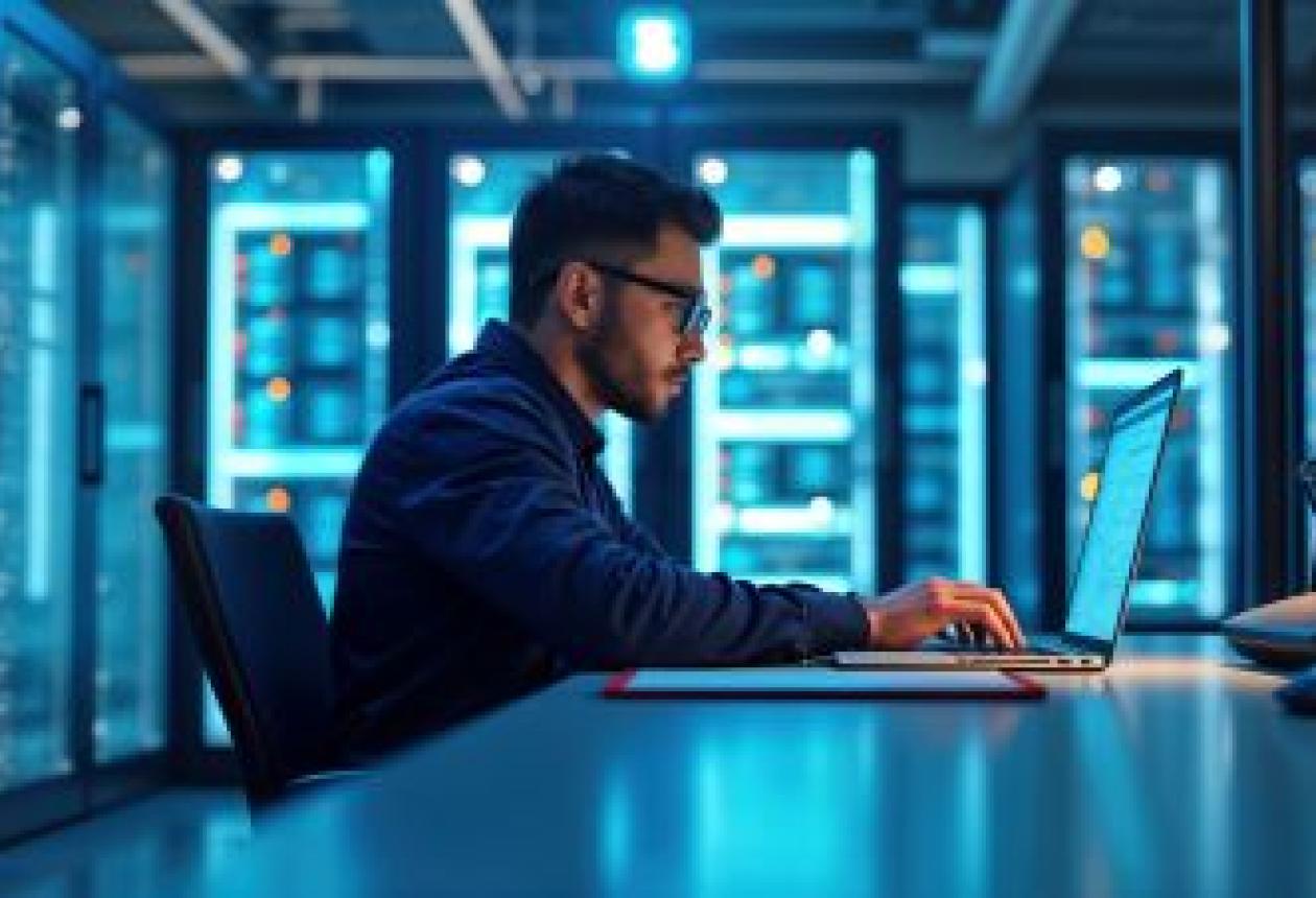 Ingénieur travaillant en deep work sur un portable dans une salle de serveurs.