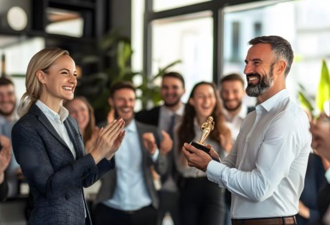 Salarié boomerang souriant tenant un trophée après avoir été récompensé pour sa réussite en entreprise